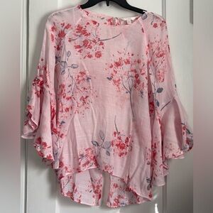 LC Lauren Conrad Pink Asymmetrical Bell Sleeve PulloverFloral Blouse Sz:Small